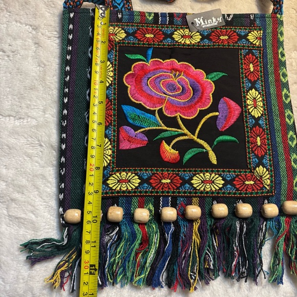 NEW Crossbody Bag Black Fabric Floral Embroidered Boho Wood Beads Fringe NWT - Picture 15 of 16